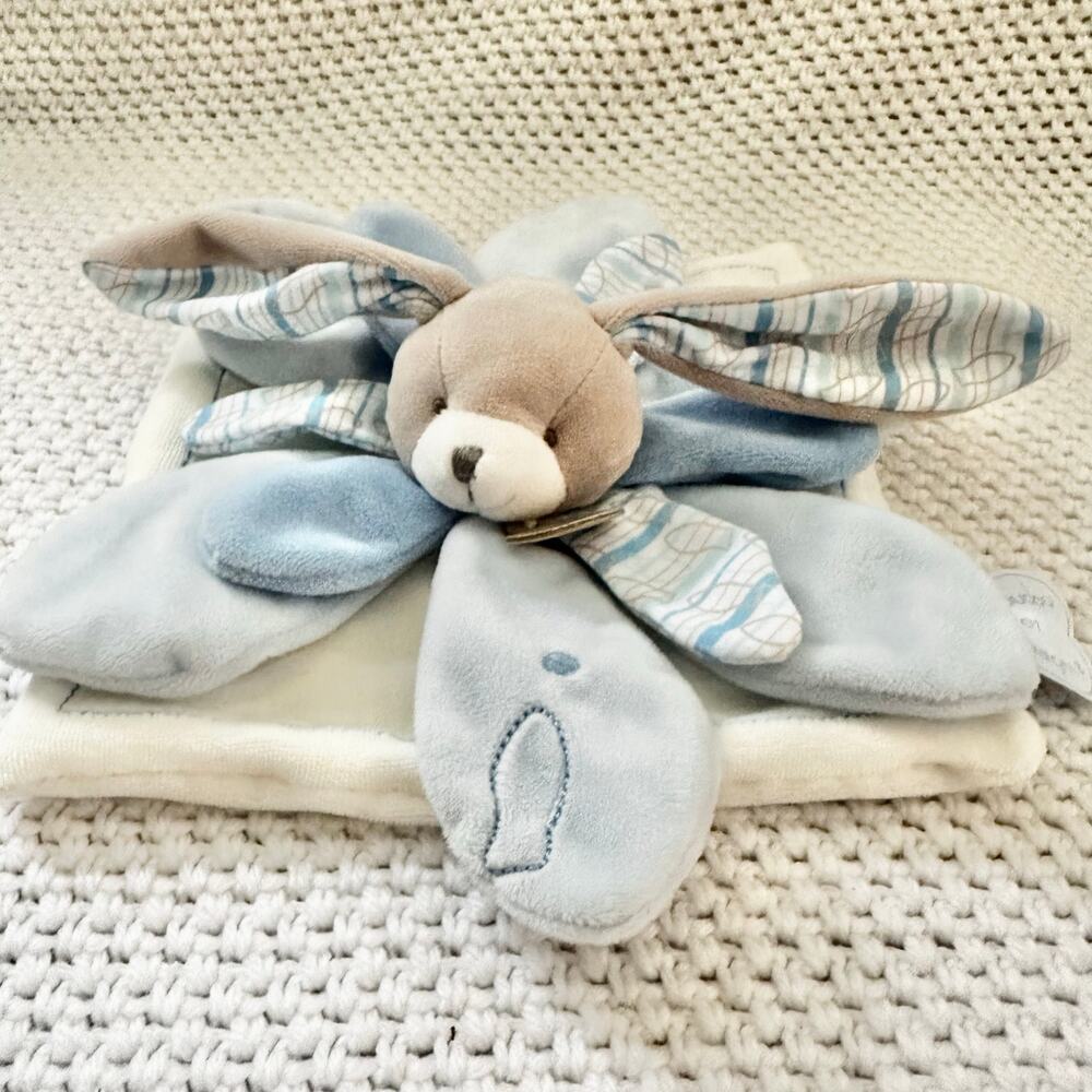 Doudou et Compagnie Blue Bunny Flower Petal Celestin Baby Lovey Security Blanket - Picture 3 of 10